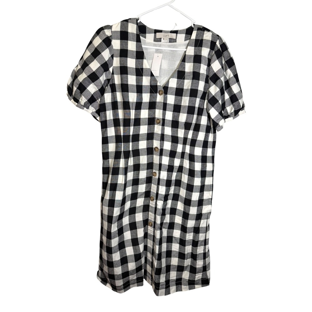 NEW LOFT 6 Black White Gingham Button Front V-Neck Linen Blend Dress Cottagecore